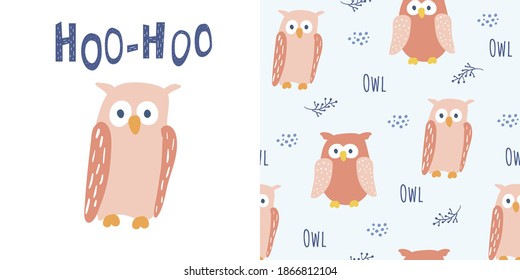Cute red owl in cartoon style. With Hoo-Hoo lettering. And seamless pattern with owl characters. Good for children designs. Isolated element on white background. Vector EPS10