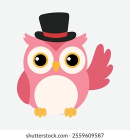 cute red owl wearing top hat raising wing illustration 