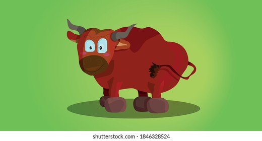 A cute red ox on the green background. Background for greeting card, flyers, poster. An amazing vector ox illustration. Chinese new year 2021 year of the ox. Happy new year!