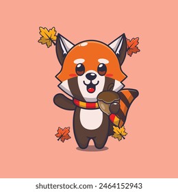 Cute red panda with acorns at autumn season. Mascot cartoon vector illustration suitable for poster, brochure, web, mascot, sticker, logo and icon.