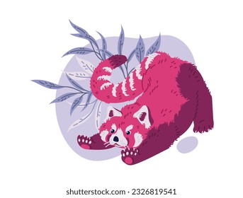 Cute red panda against of leaves and twigs. Funny childish character Chinese or Himalayan red or lesser panda animal. Cartoon flat vector illustration on white background