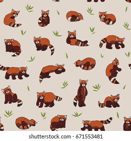 Cute red panda animal cartoon doodle vector seamless pattern