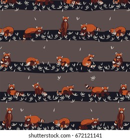 Cute red panda animal cartoon doodle vector pattern