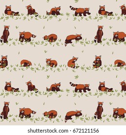 Cute red panda animal cartoon doodle vector pattern