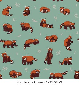 Cute red panda animal cartoon doodle vector seamless pattern