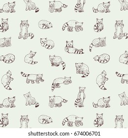 Cute red panda animal cartoon doodle vector pattern