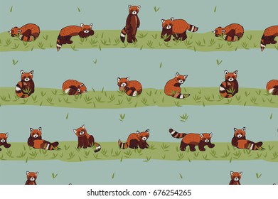 Cute red panda animal cartoon doodle vector pattern
