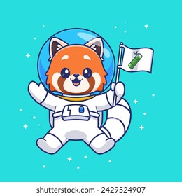 Cute Red Panda Astronaut Holding Bamboo Flag In Space Cartoon Vector Icon Illustration. Animal Science Icon Concept Isolated Premium Vector. Flat Cartoon Style