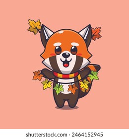 Cute red panda with autumn leaf decoration. Mascot cartoon vector illustration suitable for poster, brochure, web, mascot, sticker, logo and icon.