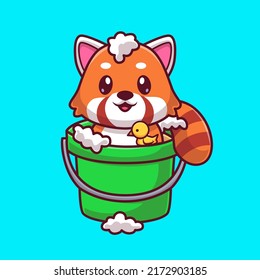 Cute Red Panda Bathing In Bucket Cartoon Vector Icon Illustration. Animal Nature Icon Concept Isolated Premium Vector. Flat Cartoon Style