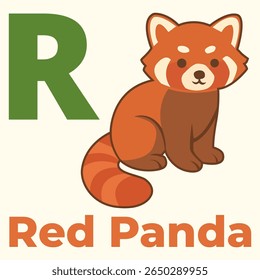 Panda vermelho bonito ao lado da letra R, perfeito para ferramentas de aprendizagem do alfabeto infantil, educação com tema de zoológico, ou conjuntos de cartões de flashcards de animais. Design exclusivo e para crianças.