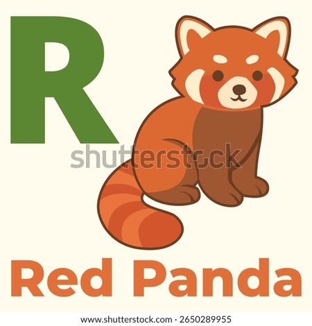 Cute red panda beside letter R, perfect for children's alphabet learning tools, zoo-themed education, or animal flashcard sets. Kid-friendly and unique design.