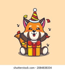 Cute red panda in birthday party. Cute cartoon animal illustration.