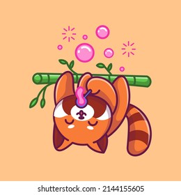 Cute Red Panda Blowing Bubble On Bamboo Tree Cartoon Vector Icon Illustration. Animal Nature Icon Concept Isolated Premium Vector. Flat Cartoon Style