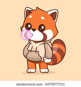 Cute Red Panda Blowing Gum Cartoon Vector Icon Illustration. Animal Fashion Icon Concept Isolated Premium Vector. Flat Cartoon Style