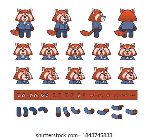 Cute red panda in blue suit creation kit. Create your own animation, action, pose. Vector illustration bundle