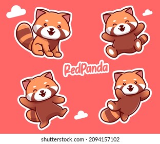 cute red panda bundle sticker mascot illustration, icon vector icon logo, flat cartoon style.