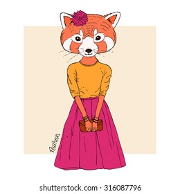 Cute red panda. Can be used to design for T-shirt, card, poster, invitation. Hand drawn fashion animal. Vector illustration