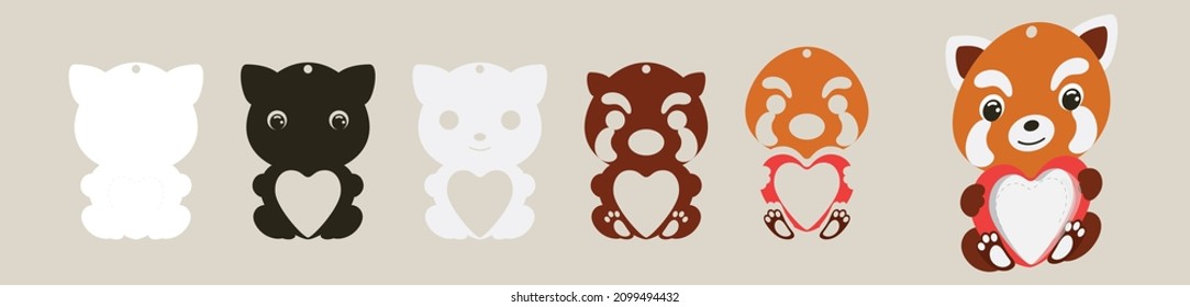 Cute red panda candy ornament. Layered paper decoration treat holder for dome. Hanger for sweets, candy for birthday, baby shower, valentine days. Print, cut out, glue. Vector stock illustration