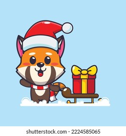 Cute red panda carrying christmas gift box. Cute christmas cartoon illustration. 