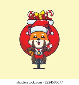 Cute red panda carrying christmas gift with motorcycle. Cute christmas cartoon illustration. 