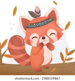 cute Red Panda cartoon with autumn leaves vector design