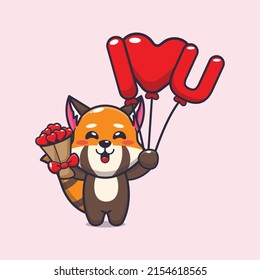 cute red panda cartoon character holding love balloon and love flowers