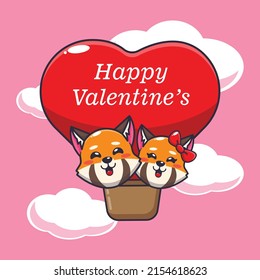 cute red panda cartoon character fly with air balloon in valentines day