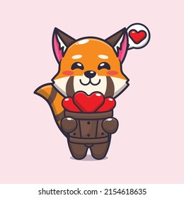 cute red panda cartoon character holding love in wood bucket