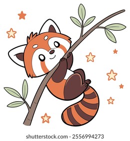 A cute red panda cartoon character hanging on a branch with stars.