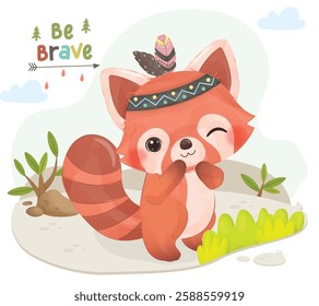 cute Red Panda cartoon character boho illustration