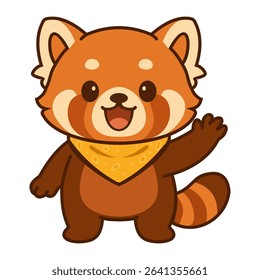 Cute red panda cartoon character with a yellow bandana, smiling and waving. Perfect for children's content, animal mascot design, educational materials, and merchandise.