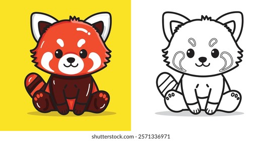 a cute red panda cartoon doll  for design element or coloring book element