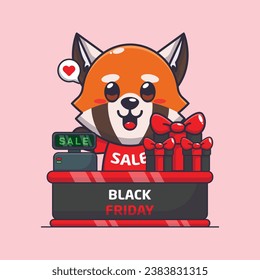 cute red panda with cashier table in black friday sale cartoon vector illustration