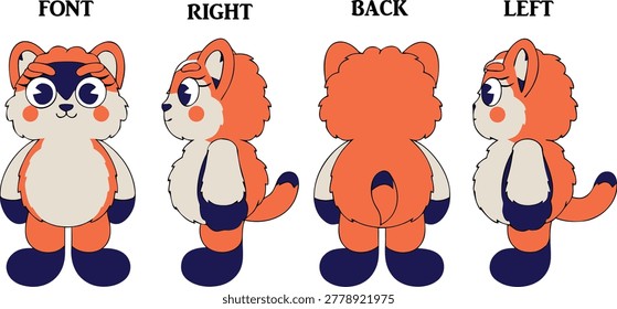 Cute Red Panda Character Design Sheet – Front, Back, and Side View Vector Illustration