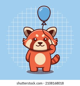 Cute red panda character holding balloon vector illustration. Flat cartoon style. Isolated cute animal concept.