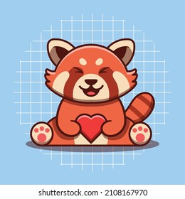 Cute red panda character hugging heart vector illustration. Flat cartoon style. Isolated cute animal concept.