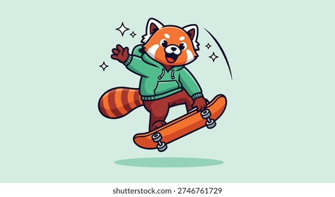 A cute red panda character is shown riding a skateboard, performing a trick with a joyful expression.