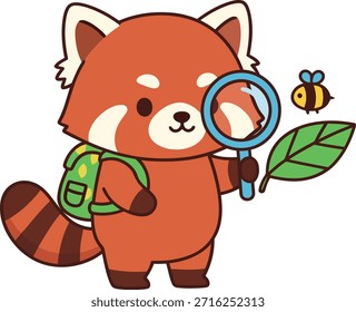 Un lindo personaje panda rojo con una mochila y sosteniendo una lupa para inspeccionar una hoja con una abeja. Perfecto para pegatinas escolares, educación infantil y temas de naturaleza.
