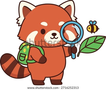 A cute red panda character wearing a backpack and holding a magnifying glass to inspect a leaf with a bee. Perfect for school stickers, kids education, and nature themes.

