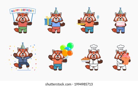 Cute red panda characters in birthday party set. Cheerful red panda hold gift box, cake, balloons, banner, cupcake and other situations. Vector illustration bundle