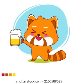 Cute red panda cheers with beer cartoon character