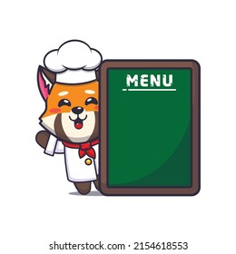 cute red panda chef mascot cartoon character with menu board