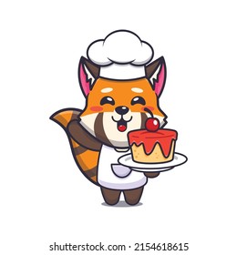 cute red panda chef mascot cartoon character with cake