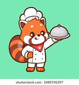 Cute Red Panda Chef Serving Food Cartoon Vector Icon Illustration. Animal Food Icon Concept Isolated Premium Vector. Flat Cartoon Style