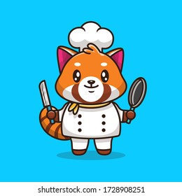 Cute Red Panda Chef Vector Icon Illustration. Animal Food Icon Concept Isolated Premium Vector. Flat Cartoon Style 