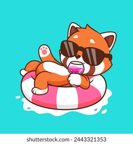 Cute Red Panda Chill On Swimming Tires With Juice Cartoon Vector Icon Illustration. Animal Holiday Icon Concept Isolated Premium Vector. Flat Cartoon Style