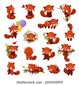 Cute Red Panda Chinese Animal Character with Striped Tail Big Vector Set