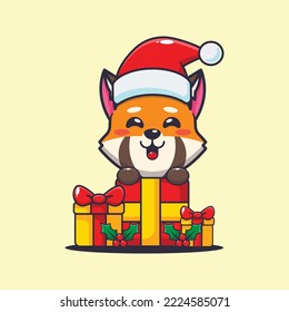 Cute red panda with christmas gift. Cute christmas cartoon illustration. 