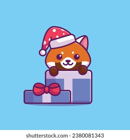 Cute red panda in christmas gift simple cartoon vector illustration christmas concept icon isolated